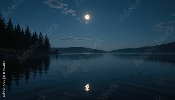 Fototapeta Serene Night Lake Reflection With Moonlight Over Calm Waters