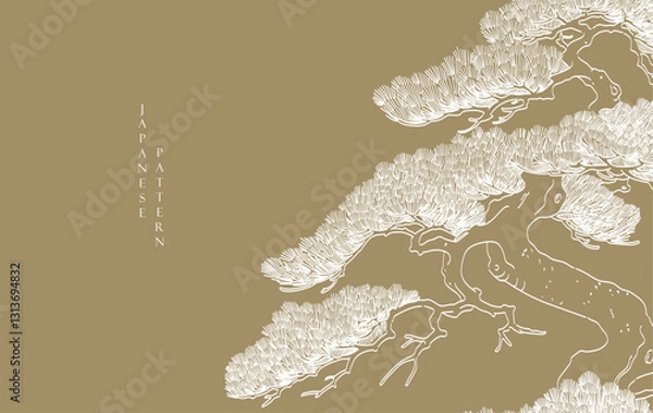 Fototapeta Black and white bonsai tree or pine tree elements. Japanese background with Asian traditional icon vector. Natural art with brown background in vintage style.