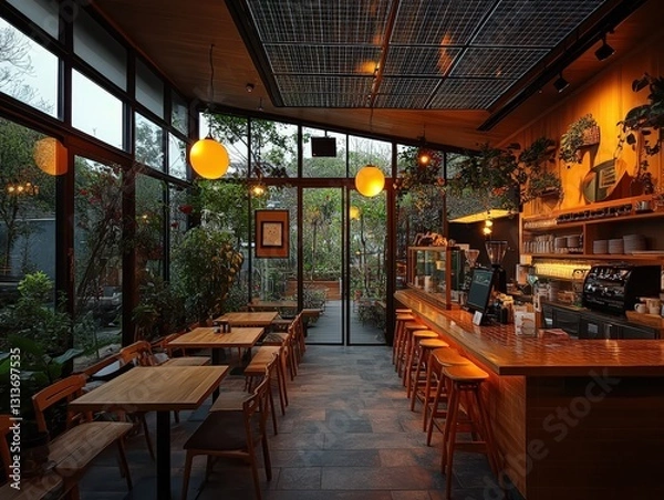 Obraz Cozy cafe interior with plants and warm lighting.