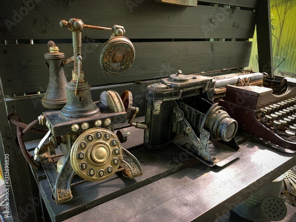 Fototapeta Telephone, camera and old rusty antique typewriter on the table