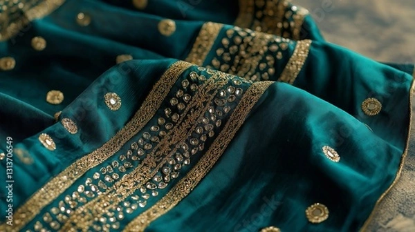 Fototapeta A richly embroidered teal green saree border adorned with intricate gold Zardozi and mirror embellishments, reflecting heritage artistry and refined elegance.