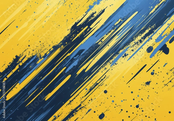 Fototapeta Vibrant yellow and blue abstract background with diagonal brush strokes and splatters, creating dynamic and energetic visual effect. Perfect for modern design projects