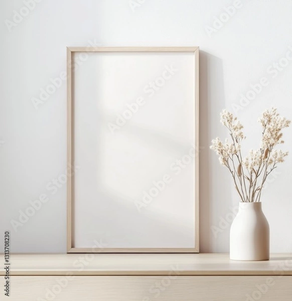 Fototapeta Empty framed print on light wood table, minimalist decor