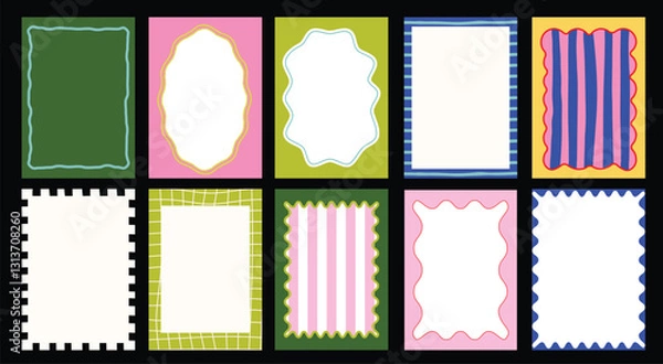 Fototapeta Set of frames with wavy edges,  doodle borders with striped background and curved shapes. Template for  invitations, posters, banner, social media.