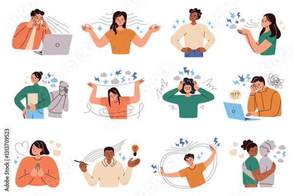 Fototapeta Emotional state collection, vector illustrations of resilience, stress, gratitude concept, burnout, balance, focus emotions, creative flow and imposter syndrome. Flat cartoon characters, mental health