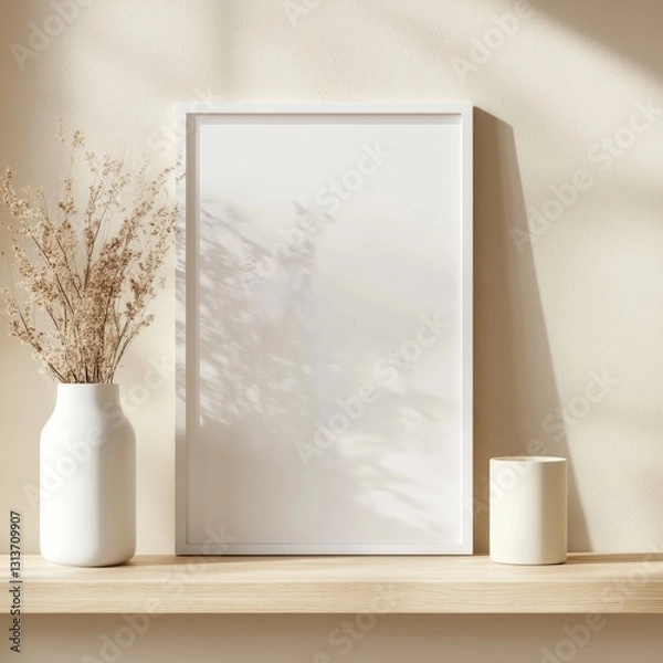 Fototapeta Empty white frame, beige vase, dried flowers, sunlight shadows on shelf