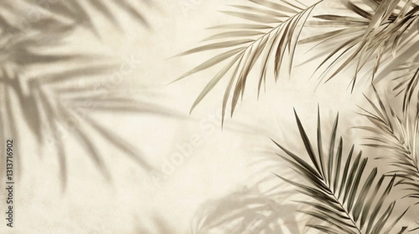 Obraz Minimalist abstract background with soft moving shadows of palm leaves over a textured neutral wall, creating a calming and sophisticated atmosphere copy space