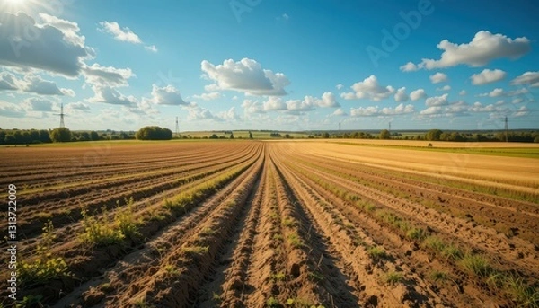 Fototapeta Expansive Agricultural Field Under Clear Blue Sky with Clouds