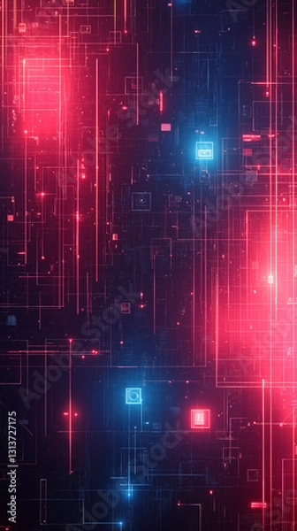 Fototapeta Futuristic digital background with glowing red and blue circuits, evoking a cyberpunk tech interface with neon grid elements