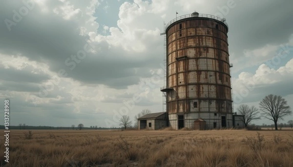 Fototapeta Rustic Water Tower Surrounded by Open Fields and Dramatic Sky
