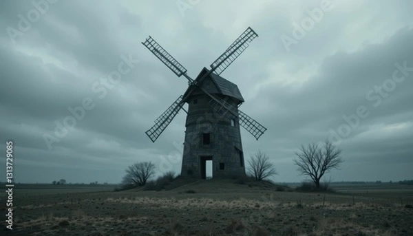 Obraz Historic Windmill Surrounded by a Dramatic Gray Sky Landscape