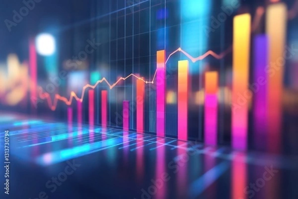 Fototapeta A 3D bar graph displaying increasing profits and gains, with a clean, professional business backdrop showing market performance.