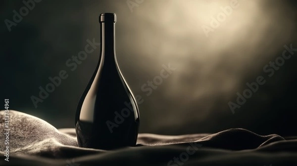 Fototapeta A luxurious dark glass wine bottle with a smooth, rounded design, placed on a velvet surface under soft lighting.