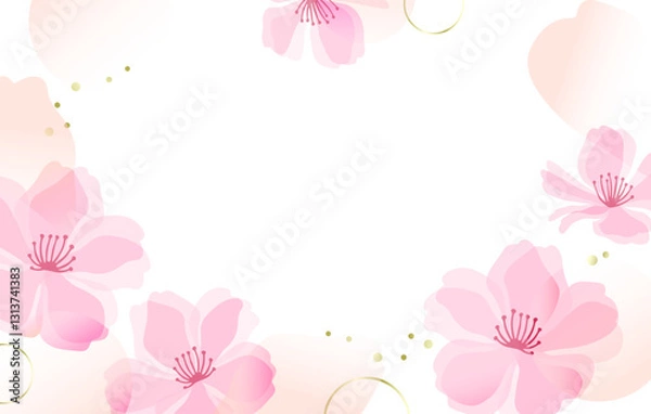 Fototapeta Soft and elegant floral background with pink cherry blossoms (sakura) arranged around the edges, leaving a light, open space in the center. The flowers have a watercolor-like effect with soft gradient