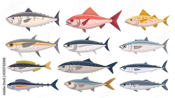 Fototapeta A collection of various fish illustrations showcasing different species and colors.