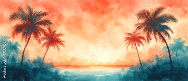 Fototapeta summer banner with palm trees on sides, background for summer, generative ai