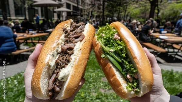 Fototapeta Two hands holding gourmet sandwiches filled with meat and fresh vegetables in a lively park setting