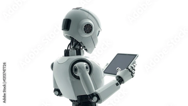 Fototapeta 3d rendering humanoid robot with tablet pc computer isolated on white background