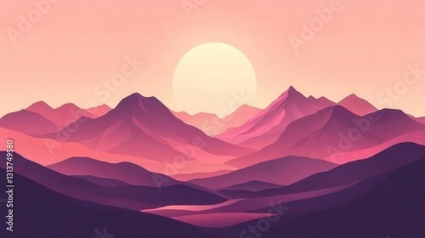 Fototapeta Serene sunset over layered mountains with soft pink hues and tranquil valleys in the background