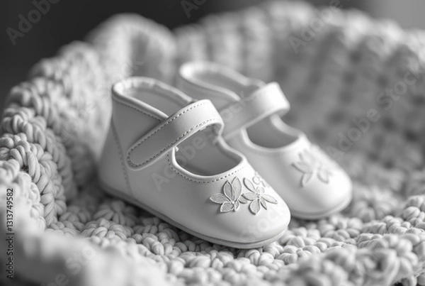 Fototapeta A black and white photograph of a pair of baby shoes on a knitted blanket