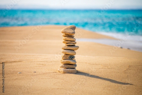 Obraz a tower of stones on a sandy beach with the sea in the background