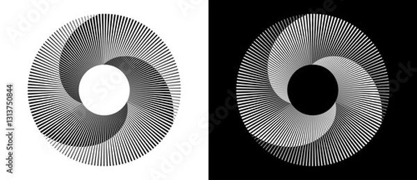 Fototapeta Set of circles with lines. Lines in one color with different thickness. Black spiral on white background and white spiral on black background. Dynamic design element, logo or icon.