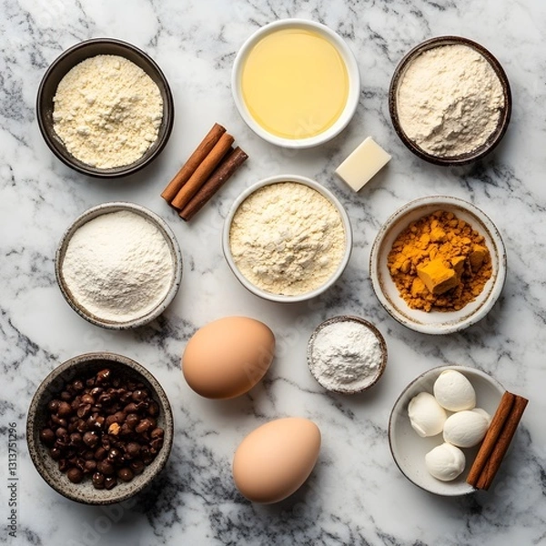 Fototapeta Baking Ingredients on Marble Surface Overhead View of Flours, Eggs, Chocolate, and Spices