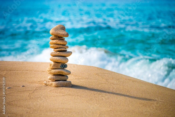 Obraz a tower of stones on a sandy beach with the sea in the background