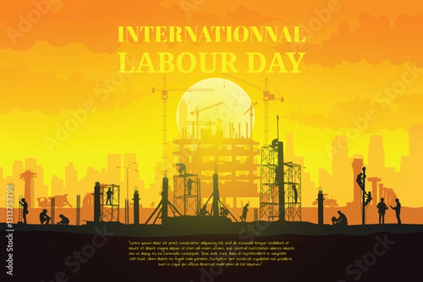 Fototapeta Construction vector background, Worker in a building site, Labour day background.