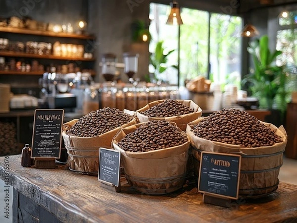 Obraz Fresh coffee beans in rustic baskets display.