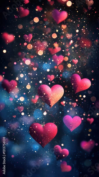 Fototapeta Vibrant cascade of radiant, glowing hearts floats against a backdrop, invoking a sense of love, joy, and celebration. 