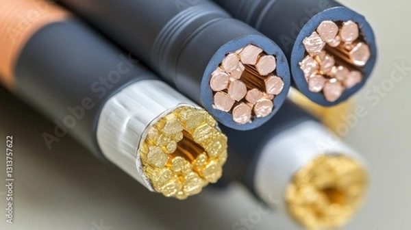 Fototapeta Close-up view of various electrical cables showcasing copper and aluminum conductors, highlighting their structure