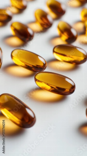 Fototapeta Vitality in Amber: a mesmerizing close-up showcases amber capsules, elegantly dispersed, hinting at health and wellness, inviting viewers to contemplate the essence of vitality. 