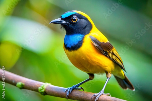 Fototapeta A small, vibrant bird with a bright yellow body and a striking black mask across its eyes