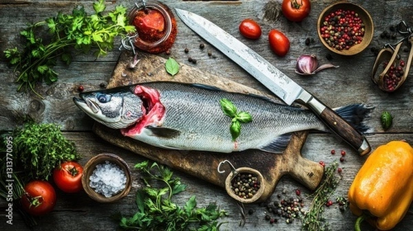 Fototapeta Freshly prepared fish on a wooden cutting board surrounded by vegetables and herbs in a rustic kitchen