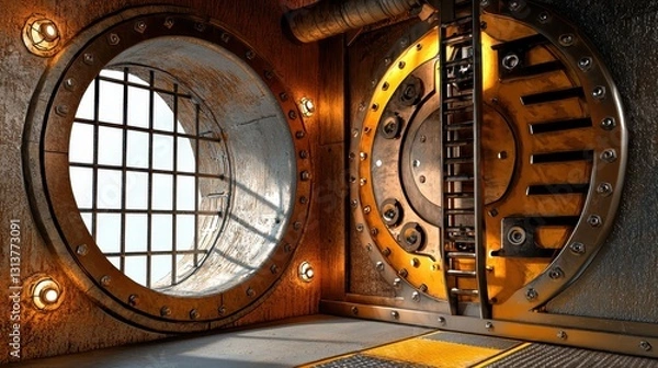 Fototapeta A dimly lit vault interior featuring a large circular window and a heavy metal door with intricate details.
