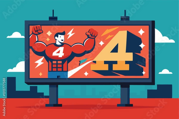 Obraz Superhero-themed billboard illustration showing a strong character holding a number four in a vibrant urban setting