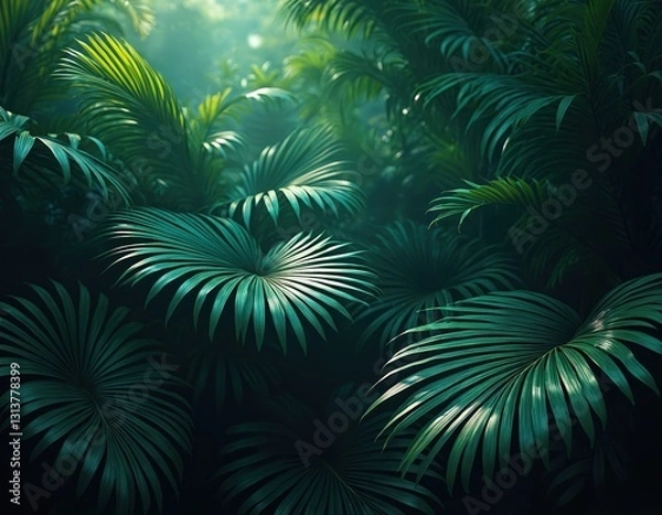 Fototapeta Rich green jungle foliage with mystic light, shadow. Tropical leaves backdrop highlights exotic nature, botanical richness. Fresh, organic environment for wellness, recreation, inviting diversity,