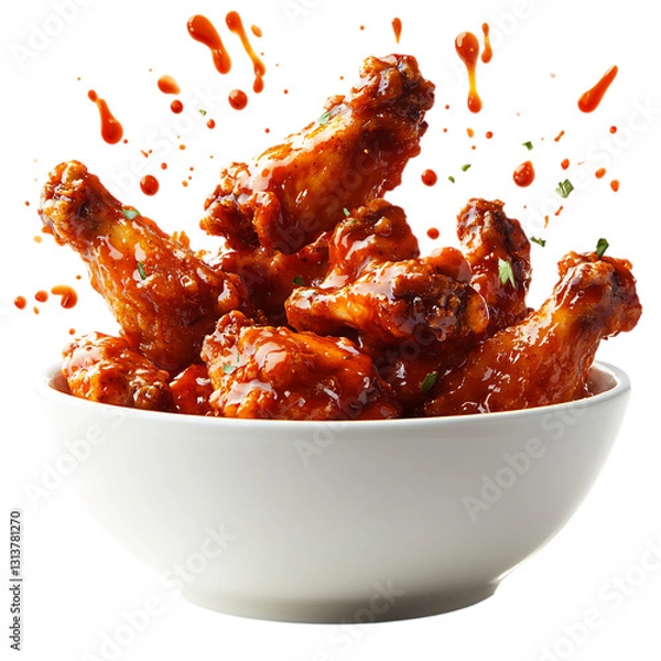 Obraz A Bowl of Spicy Buffalo Wings with Sauce Splattering Isolated on Transparent Background