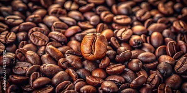 Fototapeta A Close-Up View of Roasted Coffee Beans, Showcasing Rich Brown Hues and Detailed Texture, One Bean in Sharp Focus Highlighting the Depth and Variety Within the Pile