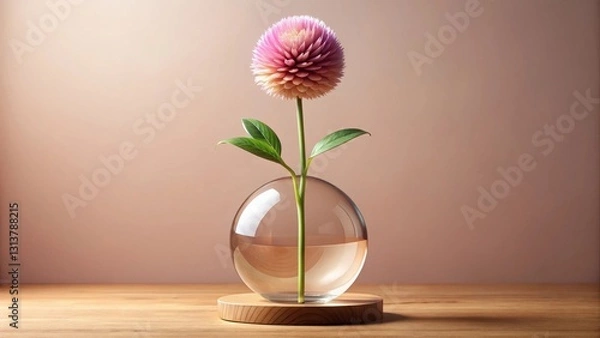 Fototapeta A single delicate bloom in a spherical glass vase, minimalist floral arrangement on a wooden base against a muted background