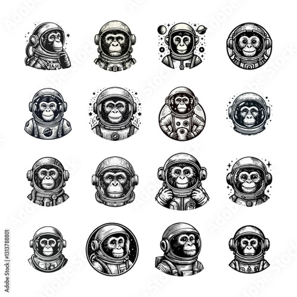 Obraz Monkey with astronaut suit engraving illustration