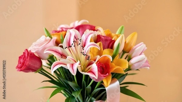 Fototapeta A stunning bouquet of colorful roses, lilies, and tulips tied with a silk ribbon. Vibrant, fresh, and elegant floral arrangement on a softly blurred background, celebrating beauty and joy