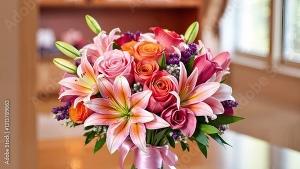 Fototapeta A stunning bouquet of colorful roses, lilies, and tulips tied with a silk ribbon. Vibrant, fresh, and elegant floral arrangement on a softly blurred background, celebrating beauty and joy