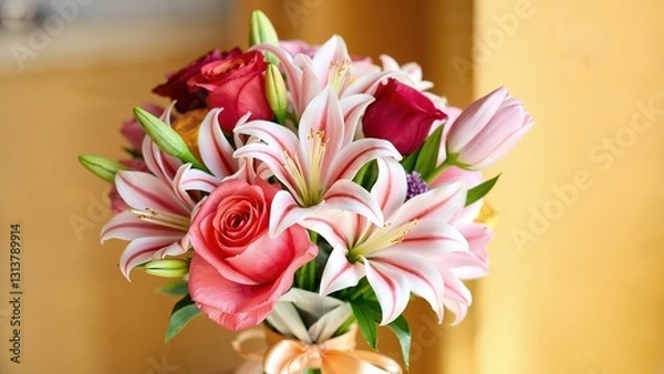 Fototapeta A stunning bouquet of colorful roses, lilies, and tulips tied with a silk ribbon. Vibrant, fresh, and elegant floral arrangement on a softly blurred background, celebrating beauty and joy