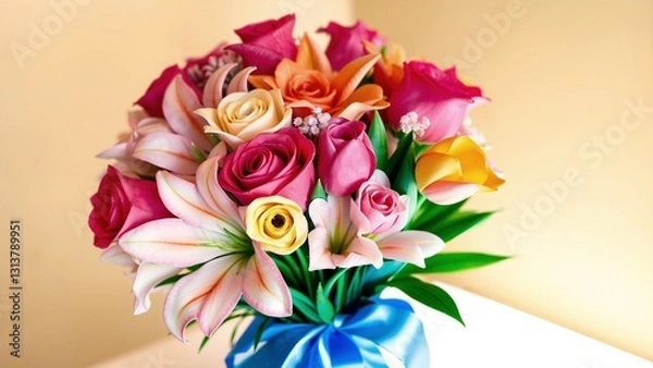 Fototapeta A stunning bouquet of colorful roses, lilies, and tulips tied with a silk ribbon. Vibrant, fresh, and elegant floral arrangement on a softly blurred background, celebrating beauty and joy