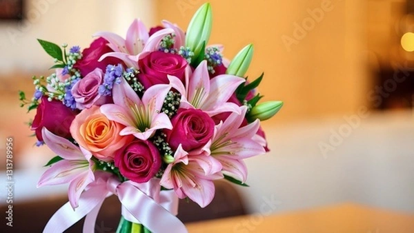 Fototapeta A stunning bouquet of colorful roses, lilies, and tulips tied with a silk ribbon. Vibrant, fresh, and elegant floral arrangement on a softly blurred background, celebrating beauty and joy