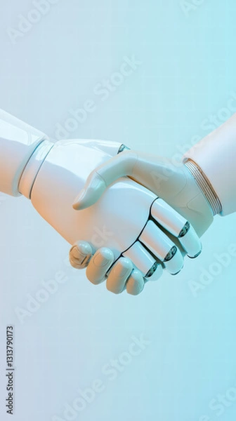 Obraz Robotic Partnership: Two hands, one human and one robotic, are clasped together, the smooth, polished surfaces reflecting the cool blue gradient of the background. This image symbolizes collaboration.