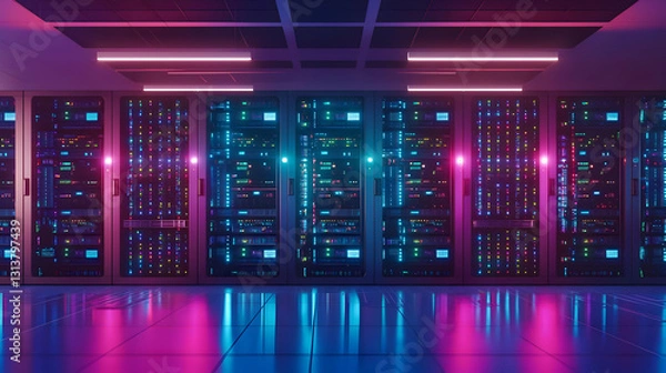 Fototapeta Futuristic Server Room With Pink And Blue Neon Lights Reflecting On The Polished Floor In A Modern Data Center
