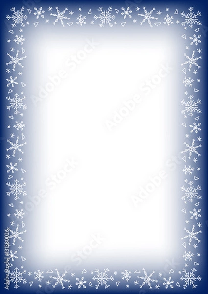 Obraz Frame border with snowflake on blue background, A4 rectangular format size. Vector illustration.